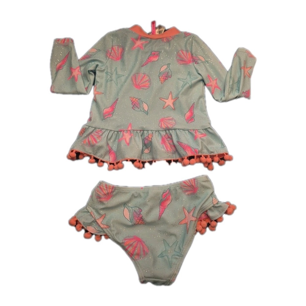 Betsey Johnson Girl's 3T L/S 2 Pc Rash Guard Tankini Swimsuit Blue Sea Shell - Picture 2 of 9